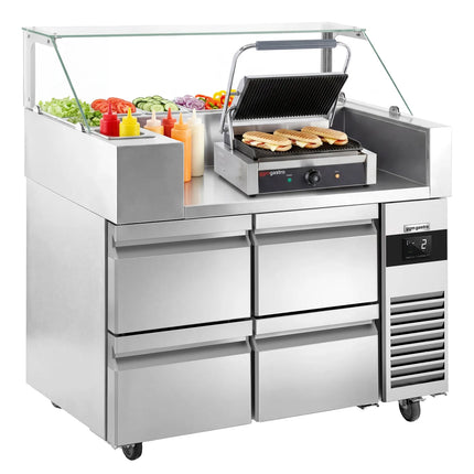 GGM Gastro Commercial Saladette Prep Counter - 1210x700mm - 4 Drawers - for 9x GN 1/6 - incl. Digital contact grill