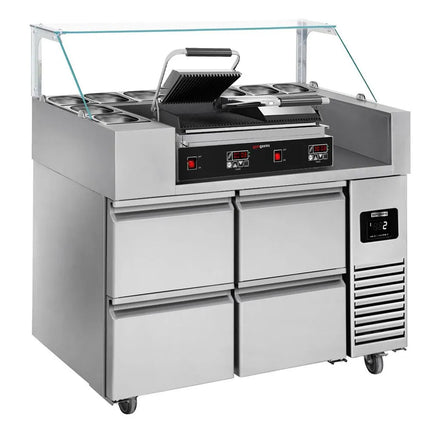 GGM Gastro Commercial Saladette Prep Counter - 1210x700mm - 4 Drawers - for 9x GN 1/6 - incl. Contact grill