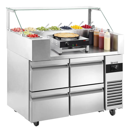 GGM Gastro Commercial Saladette Prep Counter - 1210x700mm - 4 Drawers - topper for 9x GN 1/6 - incl. Glass sneeze guard & Crepe maker with wooden spatula