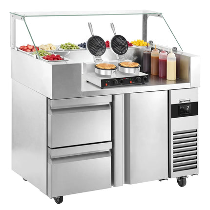 GGM Gastro Commercial Saladette Prep Counter - 1210x700mm - with 1 Door & 2 Drawers - for 9x GN 1/6 - incl. Double waffle maker