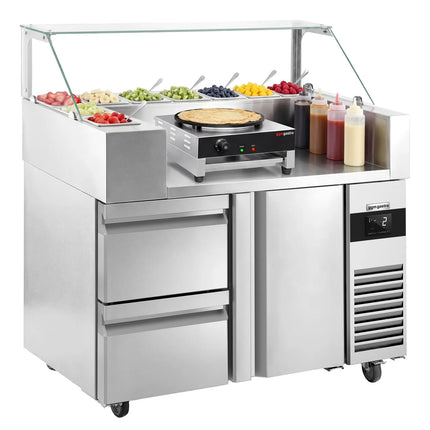 GGM Gastro Commercial Saladette Prep Counter - 1210x700mm - with 1 Door & 2 Drawers - for 9x GN 1/6 - incl. Crepes maker & wooden spatula