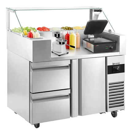 GGM Gastro Commercial Saladette Prep Counter - 1210x700mm - with 1 Door & 2 Drawers - for 9x GN 1/6 - incl. Digital contact grill & Hamburger machine