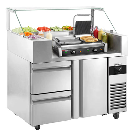 GGM Gastro Commercial Saladette Prep Counter - 1210x700mm - with 1 Door & 2 Drawers - for 9x GN 1/6 - incl. Digital contact grill