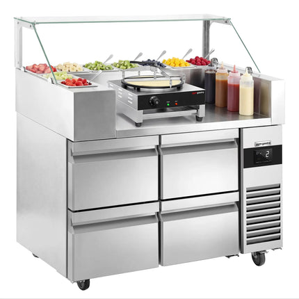 GGM Gastro Commercial Saladette Prep Counter - 1210x700mm - with 4 Drawers - for 9x GN 1/6 - incl. Glass sneeze guard, Crêpe maker & Batter spreader