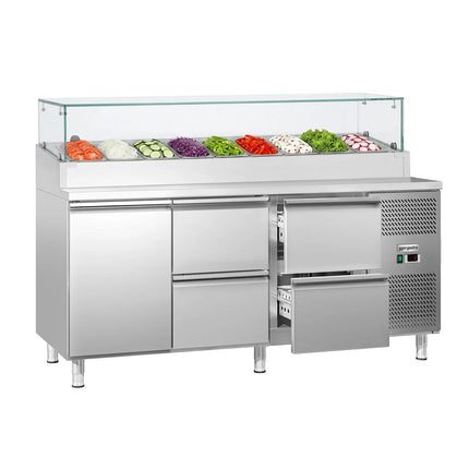 GGM Gastro Commercial Saladette Prep Counter ECO - 1795x700mm - with 1 Door & 4 Drawers - for 9x GN 1/3 - incl. Glass sneeze guard