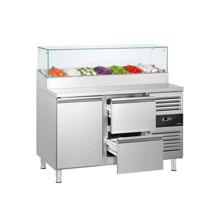GGM Gastro Commercial Saladette Prep Counter PREMIUM - 1360x700mm - with 1 Door & 2 Drawers - for 7x GN 1/3 - incl. Glass sneeze guard