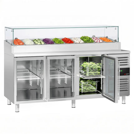 GGM Gastro Commercial Saladette Prep Counter PREMIUM - 2020x800mm - 3 Glass Doors - for 10x GN 1/3