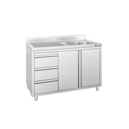 GGM Gastro Commercial Sink Cabinet - 1200x600mm - 1 bowl right-hand - 3 drawers