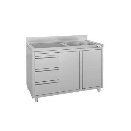 GGM Gastro Commercial Sink Cabinet ECO - 1200x600mm - with 1 bowl right-hand - 3 drawers