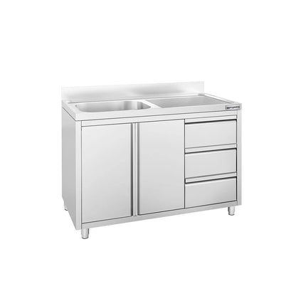 GGM Gastro Commercial Sink Cabinet ECO - 1200x700mm - 1 bowl left-hand - 3 drawers