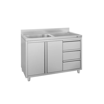 GGM Gastro Commercial Sink Cabinet ECO - 1200x700mm - with 1 bowl left-hand - 3 drawers