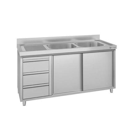 GGM Gastro Commercial Sink Cabinet ECO - 1400x600mm - 2 bowls right-hand - 3 drawers