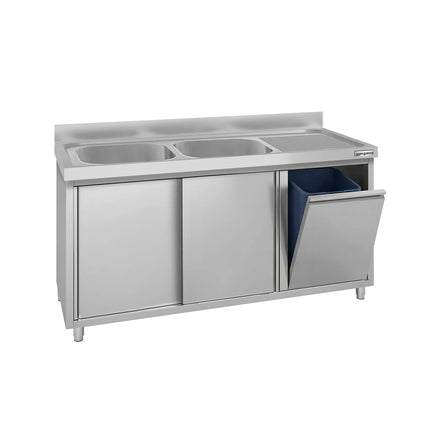 GGM Gastro Commercial Sink Cabinet ECO - 1400x600mm - with waste bin & 2 bowls left-hand