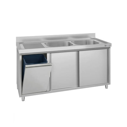 GGM Gastro Commercial Sink Cabinet ECO - 1400x600mm - with waste bin & 2 bowls right-hand