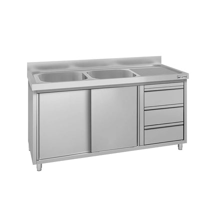 GGM Gastro Commercial Sink Cabinet ECO - 1400x700mm - with 2 bowls left-hand - 3 drawers
