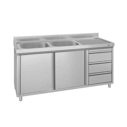GGM Gastro Commercial Sink Cabinet ECO - 1600x600mm - 2 bowls left-hand - 3 drawers