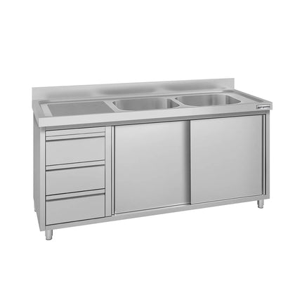 GGM Gastro Commercial Sink Cabinet ECO - 1600x700mm - with 2 bowls right-hand - 3 drawers