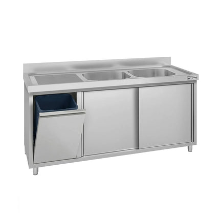 GGM Gastro Commercial Sink Cabinet ECO - 1600x700mm - with waste bin & 2 bowls right-hand