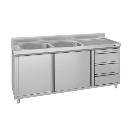 GGM Gastro Commercial Sink Cabinet ECO - 1800x600mm - 2 bowls left-hand - 3 drawers