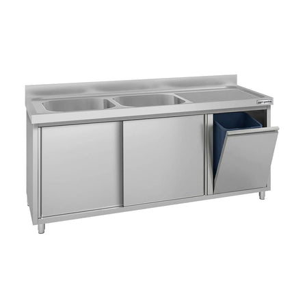 GGM Gastro Commercial Sink Cabinet ECO - 1800x600mm - with waste bin & 2 bowls centre