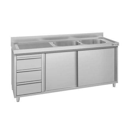 GGM Gastro Commercial Sink Cabinet ECO - 1800x700mm - with 2 bowls right-hand - 3 drawers