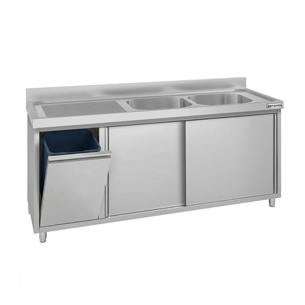 GGM Gastro Commercial Sink Cabinet ECO - 1800x700mm - with waste bin & 2 bowls right-hand