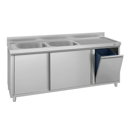 GGM Gastro Commercial Sink Cabinet ECO - 2000x600mm - with waste bin & 2 bowls centre