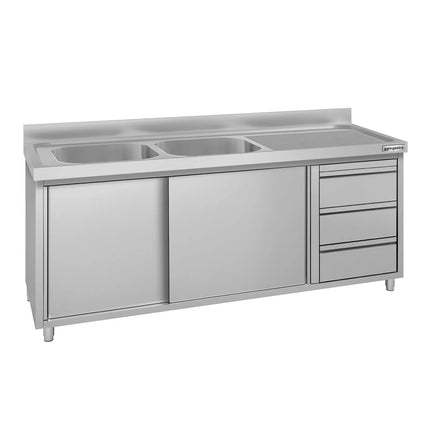 GGM Gastro Commercial Sink Cabinet ECO - 2000x700mm - 2 bowls left-hand - 3 drawers