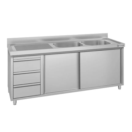 GGM Gastro Commercial Sink Cabinet ECO - 2000x700mm - 2 bowls right-hand - 3 drawers