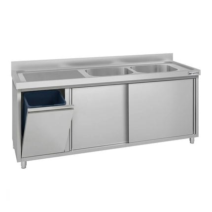 GGM Gastro Commercial Sink Cabinet ECO - 2000x700mm - with waste bin & 2 bowls centre