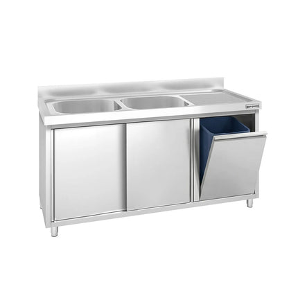 GGM Gastro Commercial Sink Cabinet PREMIUM - 1400x600mm - with waste bin & 2 bowls left-hand