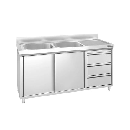 GGM Gastro Commercial Sink Cabinet PREMIUM - 1400x700mm - with 2 bowls left-hand - 3 drawers