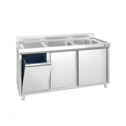 GGM Gastro Commercial Sink Cabinet PREMIUM - 1400x700mm - with waste bin & 2 bowls right-hand