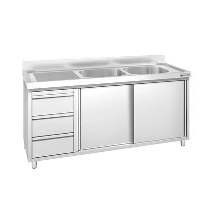 GGM Gastro Commercial Sink Cabinet PREMIUM - 1600x600mm - 2 bowls right-hand - 3 drawers