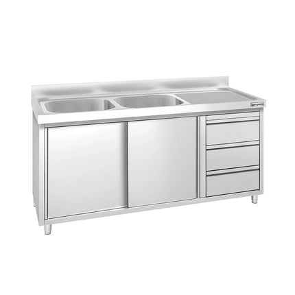 GGM Gastro Commercial Sink Cabinet PREMIUM - 1600x600mm - with 2 bowls left-hand - 3 drawers