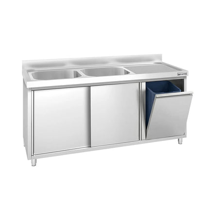 GGM Gastro Commercial Sink Cabinet PREMIUM - 1600x600mm - with waste bin & 2 bowls left-hand