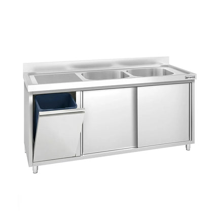 GGM Gastro Commercial Sink Cabinet PREMIUM - 1600x700mm - with waste bin & 2 bowls centre