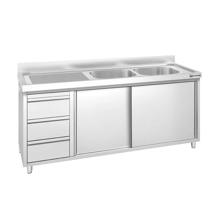 GGM Gastro Commercial Sink Cabinet PREMIUM - 1800x600mm - with 2 bowls right-hand - 3 drawers