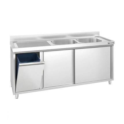 GGM Gastro Commercial Sink Cabinet PREMIUM - 1800x600mm - with waste bin & 2 bowls right-hand