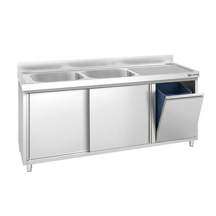 GGM Gastro Commercial Sink Cabinet PREMIUM - 1800x700mm - with waste bin & 2 bowls left-hand