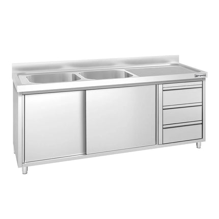 GGM Gastro Commercial Sink Cabinet PREMIUM - 2000x600mm - with 2 bowls left-hand - 3 drawers