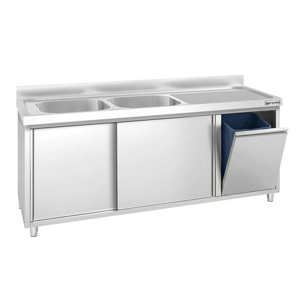 GGM Gastro Commercial Sink Cabinet PREMIUM - 2000x600mm - with waste bin & 2 bowls left-hand