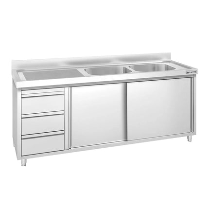 GGM Gastro Commercial Sink Cabinet PREMIUM - 2000x700mm - 2 bowls right-hand - 3 drawers