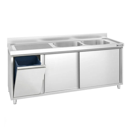 GGM Gastro Commercial Sink Cabinet PREMIUM - 2000x700mm - with waste bin & 2 bowls right-hand