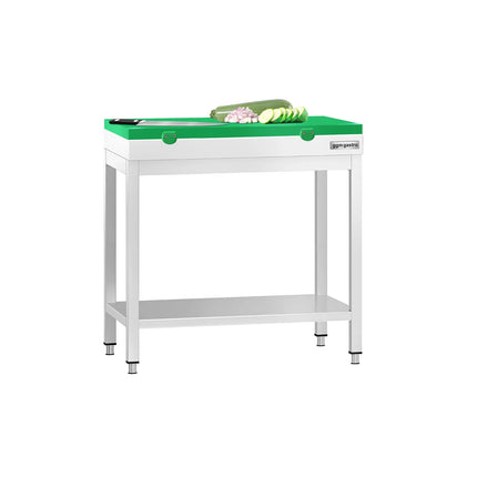 GGM Gastro Commercial Stainless Steel Centre Table PREMIUM - 700x700mm - with Undershelf - with Green Chopping Board
