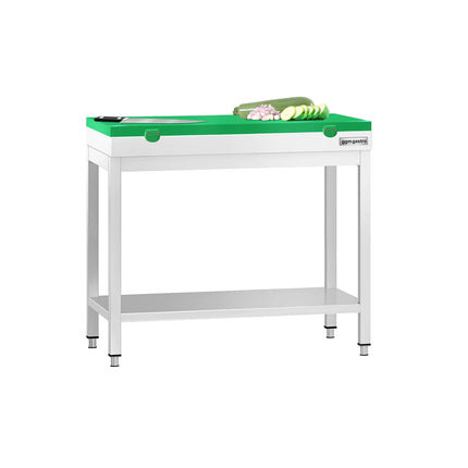 GGM Gastro Commercial Stainless Steel Centre Table PREMIUM - 800x600mm - with Undershelf - with 2 Undershelves - with Green Chopping Board