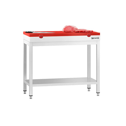 GGM Gastro Commercial Stainless Steel Centre Table PREMIUM - 800x600mm - with Undershelf - with Cross Bracing - with Red Chopping Board