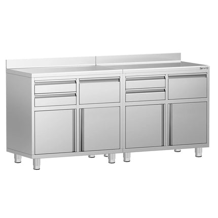 GGM Gastro Commercial Stainless Steel Coffee Station & Worktop Floor Cupboard - for Coffee Machine - 2000x600mm - with 4 Drawers, 4 Doors, 2 Tilting Knockout Drawers - with Rear Upstand