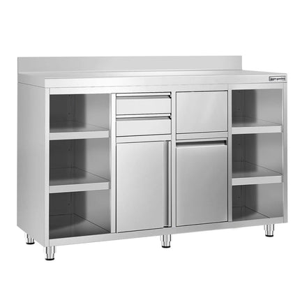 GGM Gastro Commercial Stainless Steel Coffee Station & Worktop Floor Cupboard - for Coffee Machine - 1600x600mm - with 2 Drawers & Double Doors & Upstand