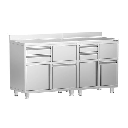 GGM Gastro Commercial Stainless Steel Coffee Station & Worktop Floor Cupboard - for Coffee Machine - 1400x600mm - with 4 Drawers, 2 Doors, 2 Tilting Knockout Drawers - with Rear Upstand